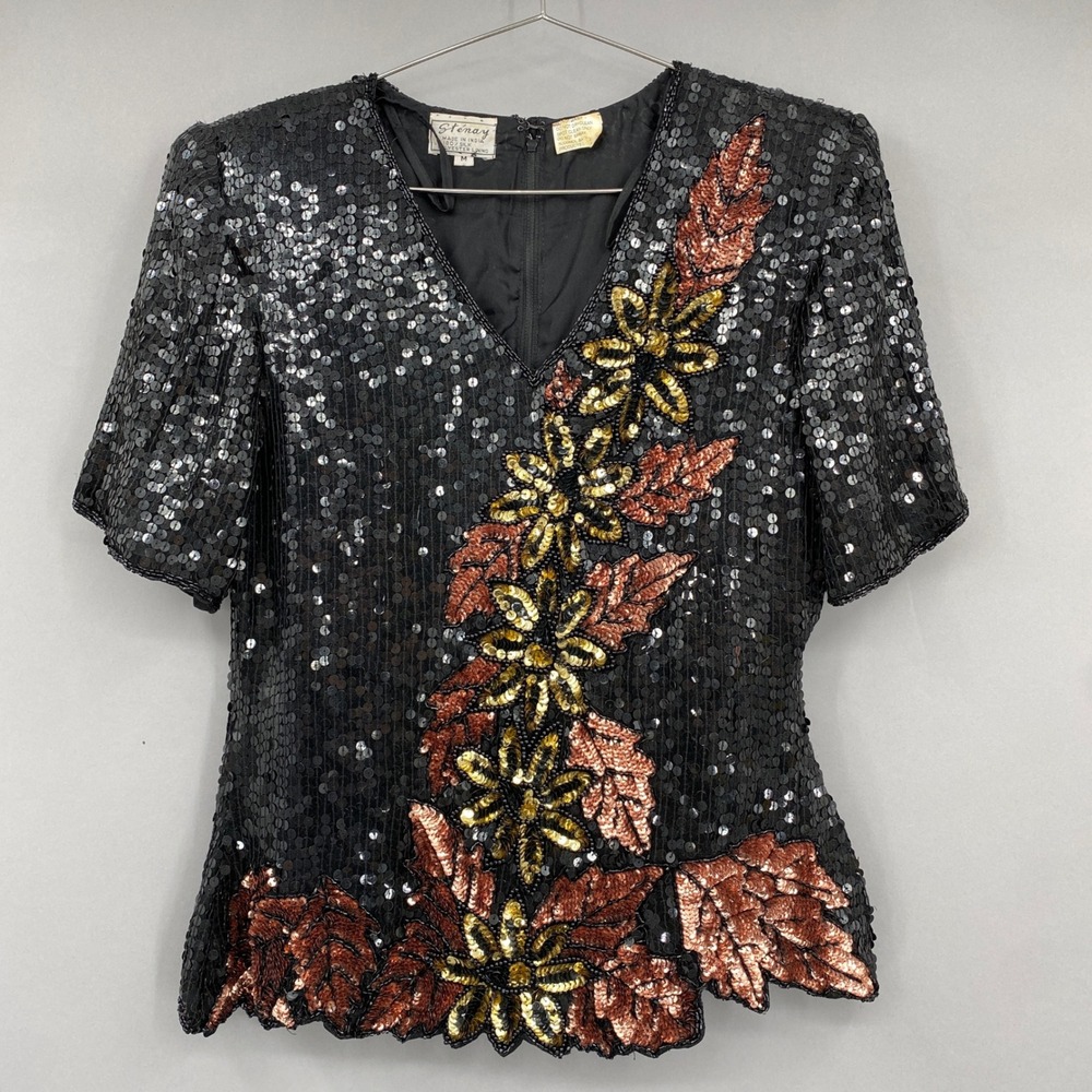 Vintage 80s Stenay Sequin Silk Top Womens Medium Black Gold Floral Glam Formal